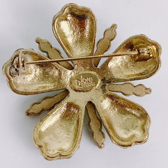 VTG Signed Joan Rivers Green Aurora Borealis Flower Brooch Gold Tone Sparkling - Picture 8 of 14